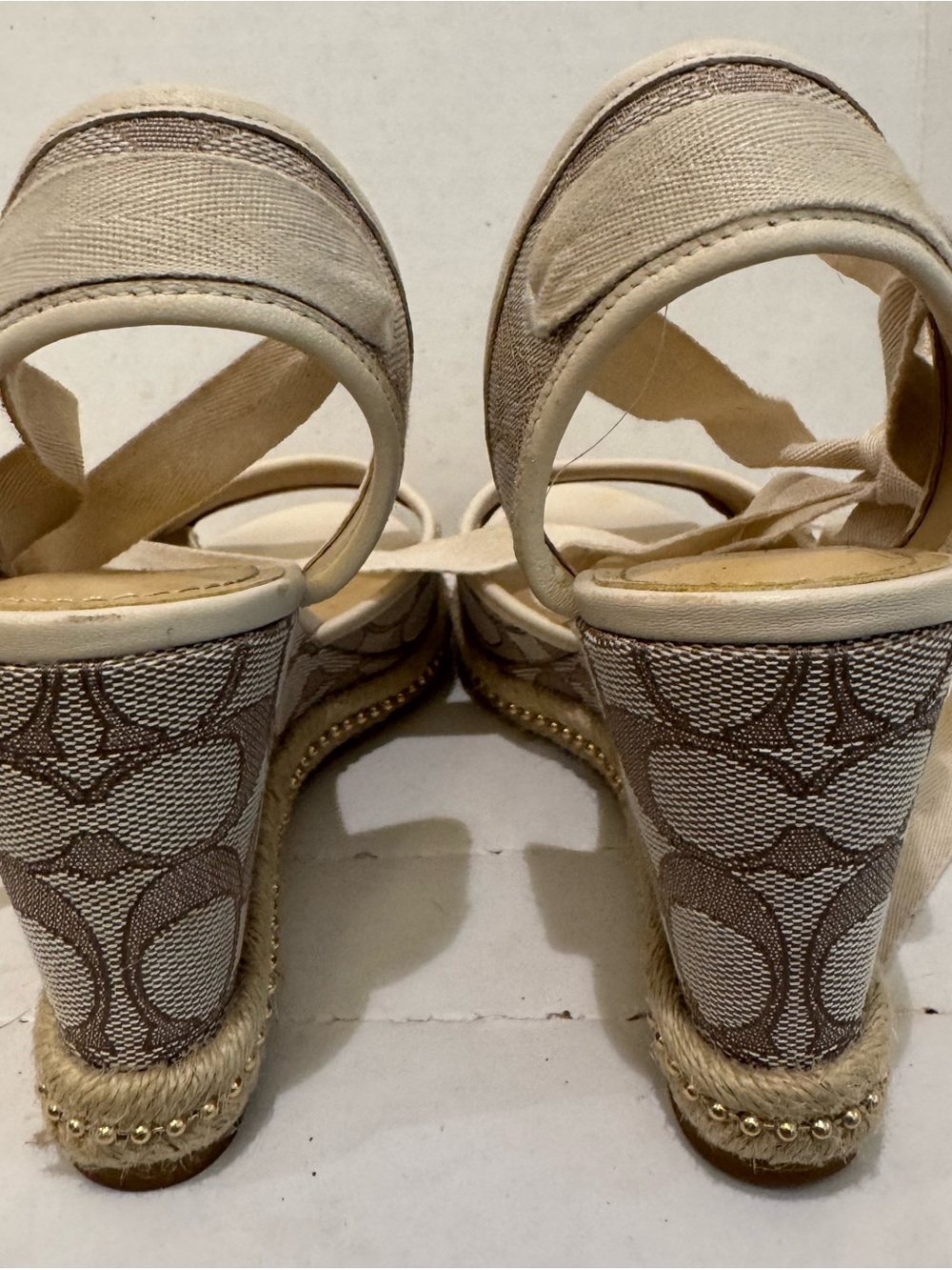 Coach Beige Canvas Logo Espadrille Sandals with Tie Ankle - Picture 4 of 14